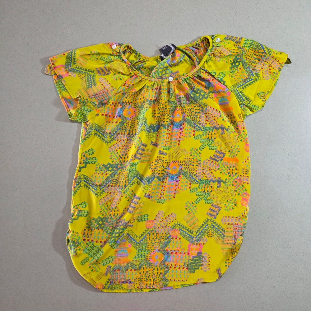 Angie Yellow Geometric Tribal Print Short Sleeve Blouse Size S